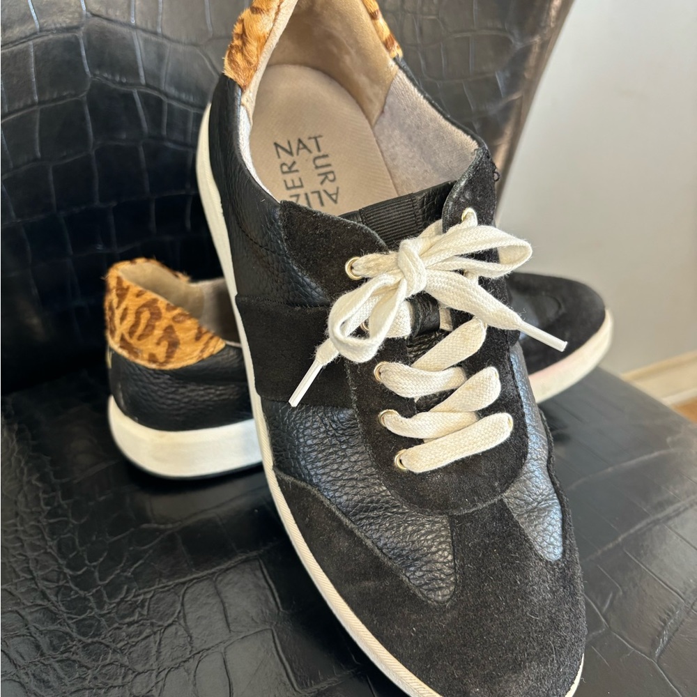 Naturalizer Black Leather and Leopard Print Sneakers